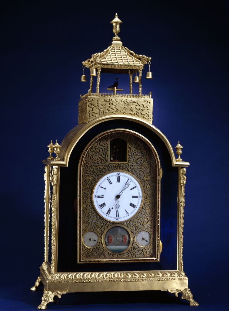 Copper plated gold rising sun, moon, constant bird sound pavilion style clock-China Archive